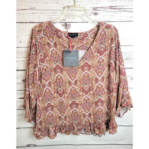 NWT Cynthia Rowley Brown Tan Paisley V-Neck 3/4 Sleeve Top Women's Size Large